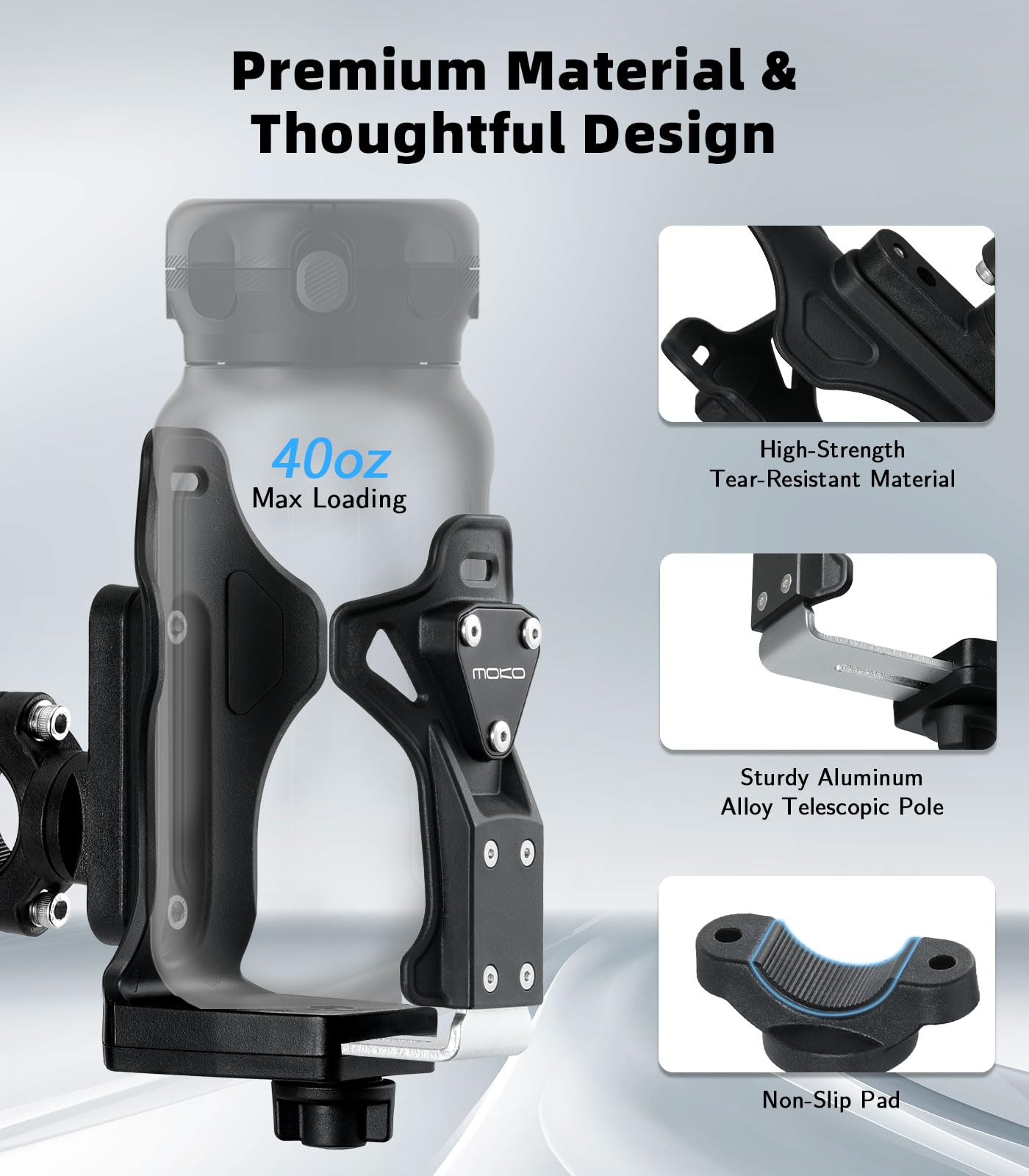 MoKo Bike Water Bottle Holder, Adjustable Bike Water Bottle Cage for 1.9-3.6" Diameter Bottle, for Handlebar & Frame, Motorcycle Cup Holder with Screw Tool, for Bicycle/Stroller/Scooter/Wheelchair/ATV