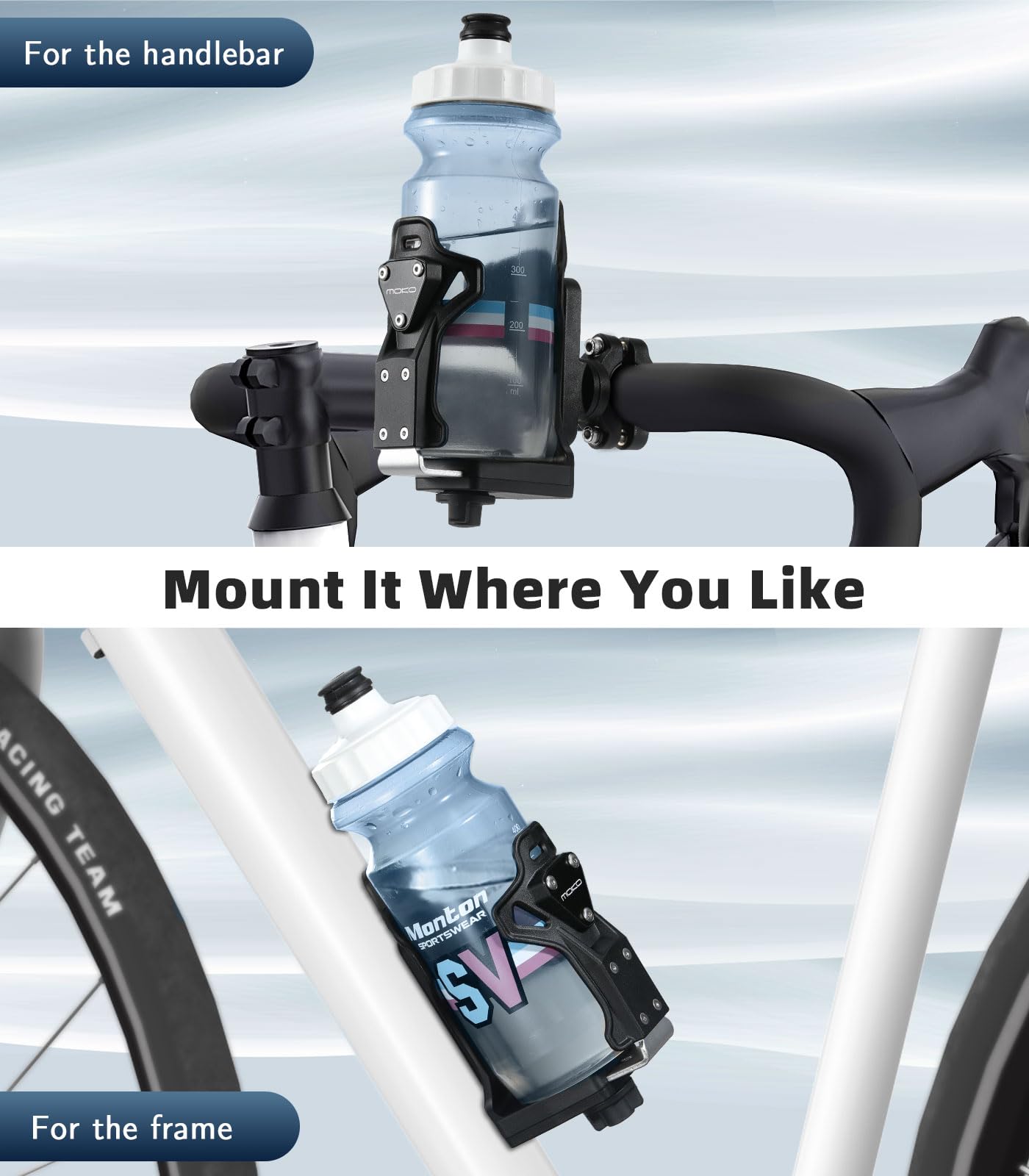 MoKo Bike Water Bottle Holder, Adjustable Bike Water Bottle Cage for 1.9-3.6" Diameter Bottle, for Handlebar & Frame, Motorcycle Cup Holder with Screw Tool, for Bicycle/Stroller/Scooter/Wheelchair/ATV