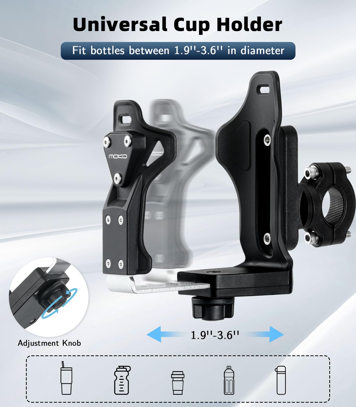 MoKo Bike Water Bottle Holder, Adjustable Bike Water Bottle Cage for 1.9-3.6" Diameter Bottle, for Handlebar & Frame, Motorcycle Cup Holder with Screw Tool, for Bicycle/Stroller/Scooter/Wheelchair/ATV