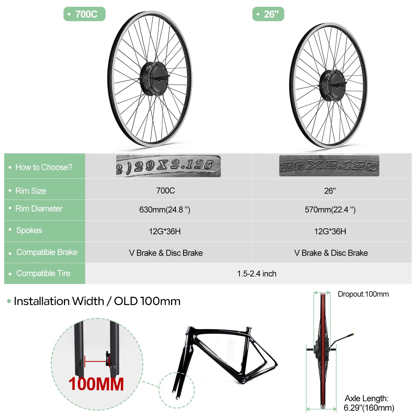 BAFANG 48V 500W Front Hub Motor - Ebike Conversion Kit for 20"/26"/700C(29er Compatible) Front Wheel Electric Bike Conversion kit with Battery& Display Options | Hub Motor Kit for Mountain/City Bikes
